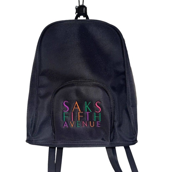 Vintage Saks Fifth Avenue Mini Backpack Purse Shoulder Bag Black y2k 90s Rainbow - Picture 1 of 4